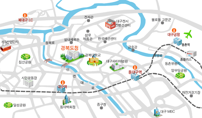 북대구IC에서 오실경우 경북고속도로 시청, 신천대로 방면으로 오른쪽 방향 → 서변남로를 따라 1.33km 이동 → 침산교지하차도 진입 후 신천대로를 따라 1.91km 이동 → 지하차도 오른쪽 옆길 → 신천대로를 따라 290m 이동 → 경북도청, 경북지방경찰청 방면으로 좌회전 → 중앙대로를 따라 282m 이동 후 대구청사에 진입하시면 됩니다.