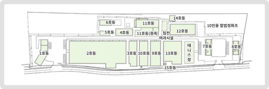 연구원 시설 안내도로 1호동(본관)을 기준으로 맞은편에 2호동, 3호동, 10호동, 9호동, 13호동, 테니스장, 7호동 ,8호동이 있으며, 8호동을 기준으로 위쪽에 10인용 합법정화조가 있습니다. 10인용합법정화조를 기준으로 오른쪽으로 12호동, 침전여과시설, 11호동(11호동증축), 4호동, 5호동이 있으며, 5호동 위쪽으로 6호동, 12호동 위쪽으로 14호동이 있습니다. 1호동 아래쪽 라인을 따라 일렬로 15호동이 있습니다.