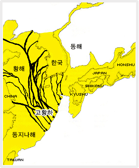 한국 주변국 - 중국, 타이완, 일본(규슈, 시코쿠, 혼슈) / 황해 동해 동지나해를 나타낸 지도