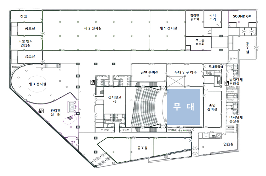 동락관 B1층 도면 - 중앙 우측 무대를 중심으로 12시 방향부터 시계방향으로 무대 입구 하수, 무대물품실, ELEV 기계실, 남자단체 분장실, 조명장비실, 여자단체 분장실, 연습실, 출연자대기실, 악기창고, 공조실, 창고#4, 수유실, 전시창고-3, 공연 준비실이 위치하고 있습니다. 제2 전시실 왼쪽편으로 창고, 공조실, 도청 밴드 연습실, 공조실이 위치하고 있으며, 제2 전시실 오른쪽 편으로 제1전시실, 합창단 동호회, 색소폰동호회, 기타소리, SOUND G#, 공조실, 창고#2가 위치하고 있습니다. 제2 전시실을 중심으로 8시 시계방향에 제3 전시실이 위치하고 있습니다. 제3 전시실을 중심으로 12시 방향부터 시계방향으로 관람객 쉼터,매점, 창고#5가 위치하고 있습니다.