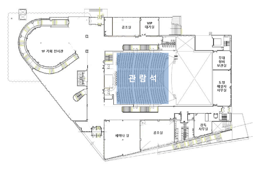 동락관 1층 도면 - 중앙에 관람석이 위치하며 관람석을 중심으로 12시 방향부터 시계방향으로 VIP대기실, 무대장비보관실, 도청해설사 사무실, 감독 사무실, 공조실, 세미나 실, 1F 기획 전시관, 공조실이 관람석을 감싸며 위치하고 있습니다.