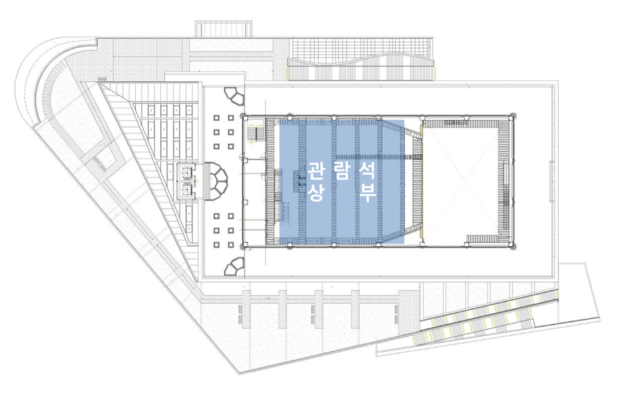 동락관 3층 도면 - 중앙에 관람석 상부가 위치하고 있습니다.