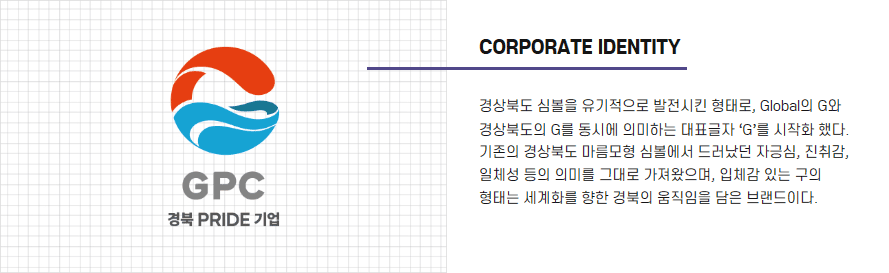 GPC 경북 PRIDE 기업 - CORPORATE IDENTITY 경상북도 심볼을 유기적으로 발전시킨 형태로, Global의 G와 경상북도의 G를 동시에 의미하는 대표글자 ‘G’를 시작화 했다. 기존의 경상북도 마름모형 심볼에서 드러났던 자긍심, 진취감, 일체성 등의 의미를 그대로 가져왔으며, 입체감 있는 구의 형태는 세계화를 향한 경북의 움직임을 담은 브랜드이다.