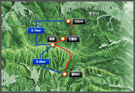 치산계곡1코스 수도사~진불암~동봉 총 5.1km 동봉~동화사 총 3.4km