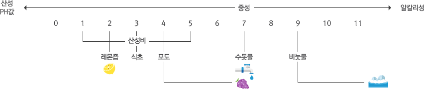 산성비와 PH값 비교_산성PH값 : 0 1(레몬즙) 2 3(산성비,식초) 4(포도) 5 6 / 중성 : 7(수돗물) / 알칼리성 8, 9(비눗물), 10, 11