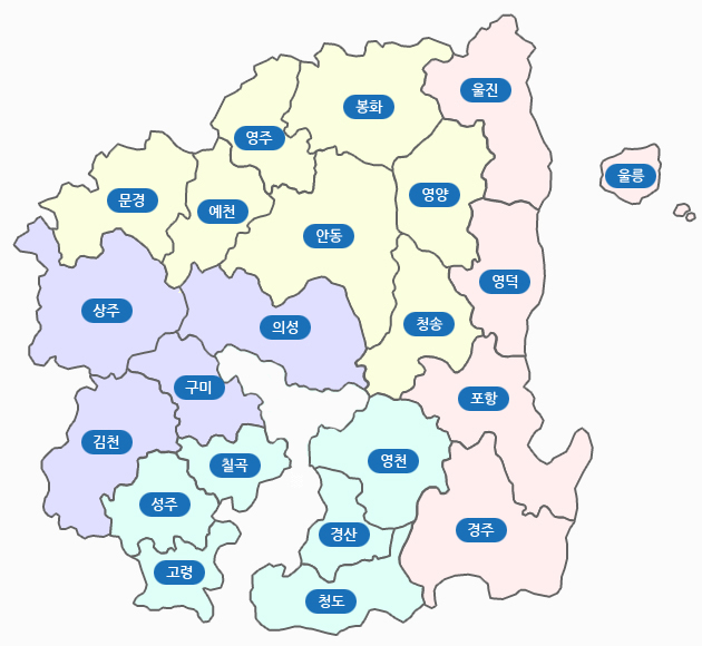 경상북도 23개 시군과 대구광역시, 독도 지도