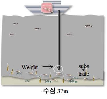 선장에서 호스를 이용한 저층방류 시스템 개요도 - 수심 37m 깊이에 방류 