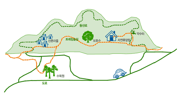 숲길체계도 - 수목원, 산촌마을, 트레킹숲길, 보호수, 자연휴양림, 약수터, 등산로가 표시되어 있습니다.