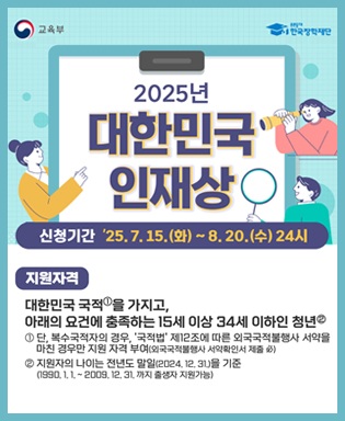 (교육부, 푸른등대 한국장학재단) 2025년 대한민국 인재상 - 신청기간 : '25.7.15.(화) ~ 8.20.(수) 24시 / 지원자격 : 대한민국 국적①을 가지고, 아래의 요건에 충족하는 15세 이상 34세 이하인 청년② / ① 단, 복수국적자의 경우, '국적법' 제12조에 따른 외국국적불행사 서약을 마친 경우만 지원 자격 부여(외국국적불행사 서약확인서 제출 必) ② 지원자의 나이는 전년도 말일(2024.12.31.)을 기준 (1990.1.1. ~ 2009.12.31. 까지 출생자 지원 가능)11111