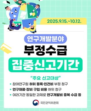2025.9.15.~10.12. 연구개발분야 부정수급 집중신고기간 - 주요 신고 대상 : 참여연구원 허위 등록 인번기 부정 청구, 연구재료 장비 구입 비용 허위 청구, 여러기관 동일한 과제로 연구개발비 중복 수급 등 / 국민권익위원회