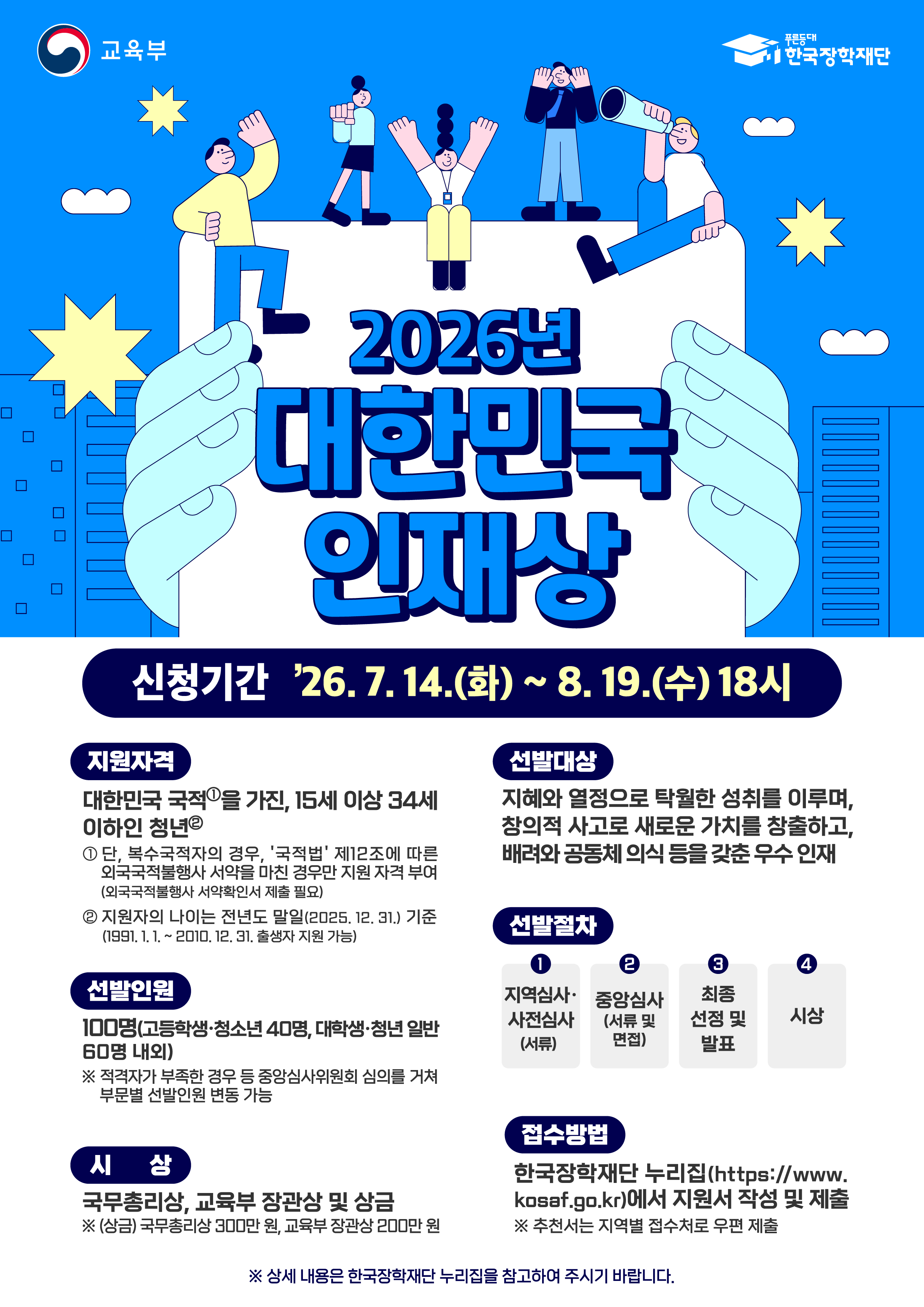 2026 대한민국 인재상 신청기간 26.7.14.(화) ~ 8.19.(수) 18시