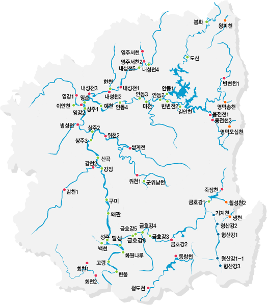 경상북도 하천이 표지된 지도