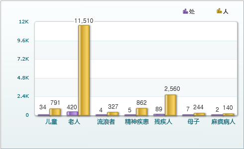 儿童(34 个所, 791 名), 老人(420 个所, 11,510 名), 流浪者(4 个所, 327 名), 精神疾患(5 个所, 862 名), 残疾人(89 个所, 2,560 名), 母子(7 个所, 244 名), 麻风病人(2 个所, 140 名)