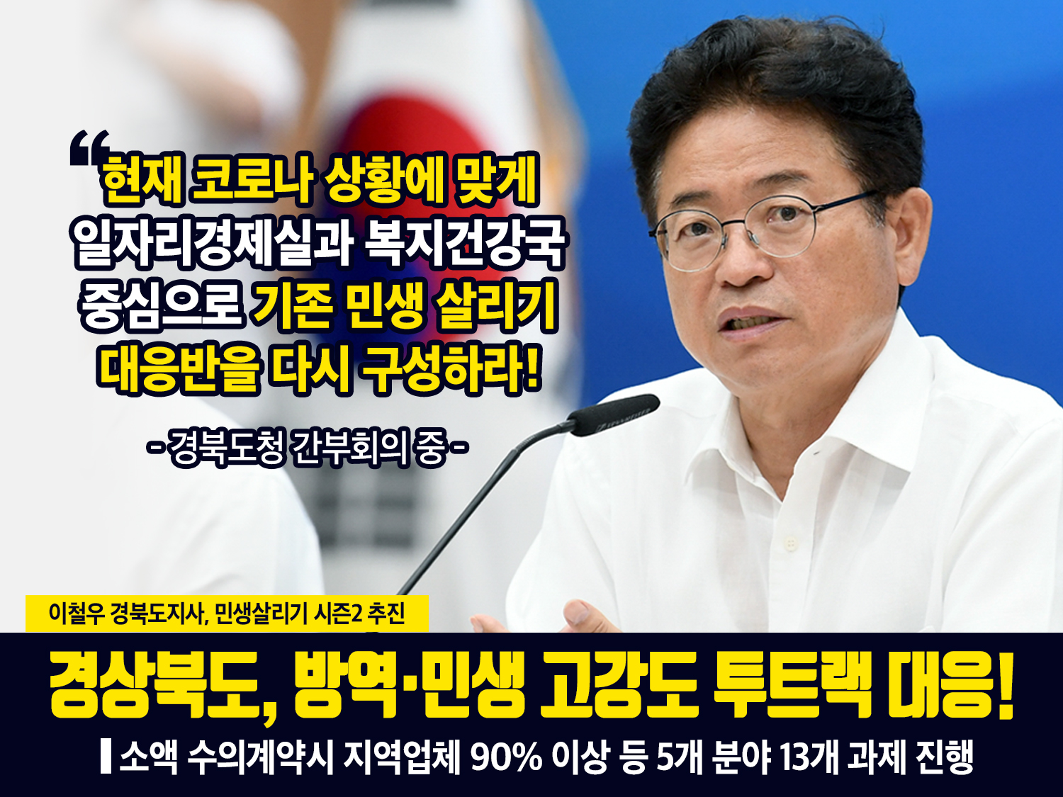 경상북도, 방역ㆍ민생 고강도 투트랙 대응! - 소액 수의계약시 지역업체 90% 이상 등 5개 분야 13개 과제 진행 / 현재 코로나 상황에 맞게 일자리경제실과 복지건강국 중심으로 기존 민생 살리기 대응반을 다시 구성하라! 경북도청 간부회의 중 / 이철우 경북도지사, 민생살리기 시즌2 추진