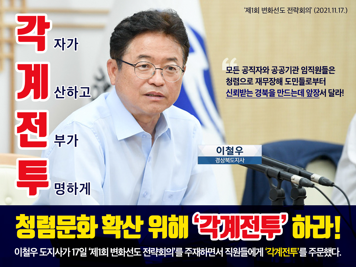 제1회 변화선도 전략회의(2021.11.17.) / 각자가 계산하고 전부가 투명하게 / 모든 공직자와 공공기관 임직원들은 청렴으로 재무장해 도민들로부터 신뢰받는 경북을 만드는데 앞장서 달라! / 청렴문화 확산을 위해 각계전투 하라! / 이철우 도지사가 17일 제1회 변화선도 전략회의를 주재하면서 직원들에게 각계전투를 주문했다!