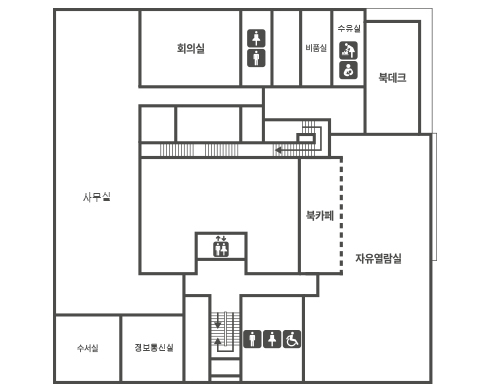 4층지도 4층에는 사무실,회의실,비품실,화장실,수유실,북데크,북카페,자유열람실,수서실,정보통신실,장애인화장실이 있다.